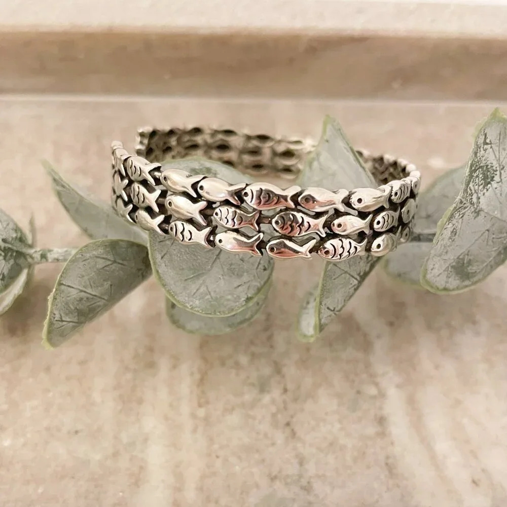 925 Sterling Silver Cuff Bracelet School of Fish Bracelet Modern Silver Bangle - Picture 7 of 9